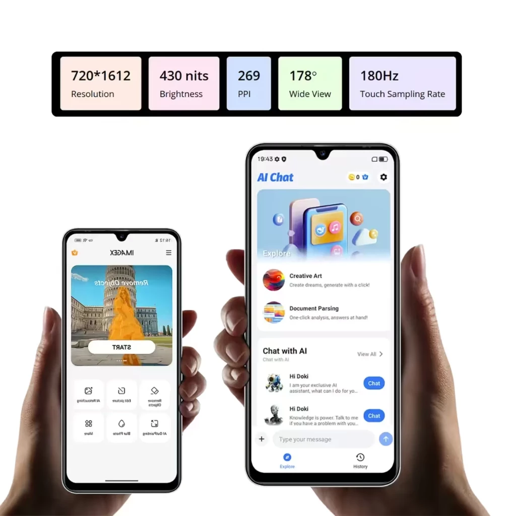 Blackview WAVE 7C negro con pantalla 6.5 HD+, bordes finos y notch en V; interfaz fluida, 180 Hz touch, ángulos 178°, brillo 430 nits y 269 ppp