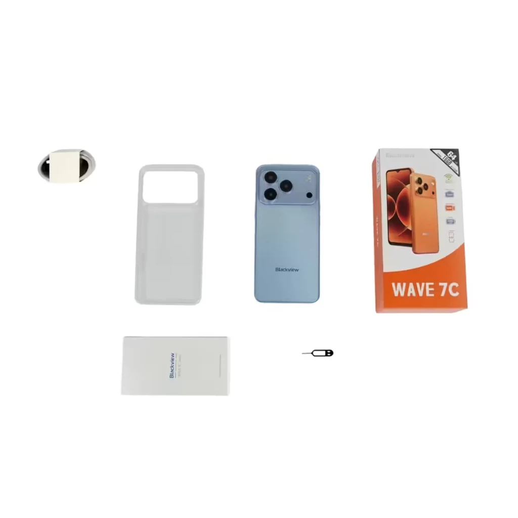 Blackview WAVE 7C negro con caja, móvil azul, funda transparente, cable, adaptador SIM y manual; triple cámara trasera y batería 5000 mAh