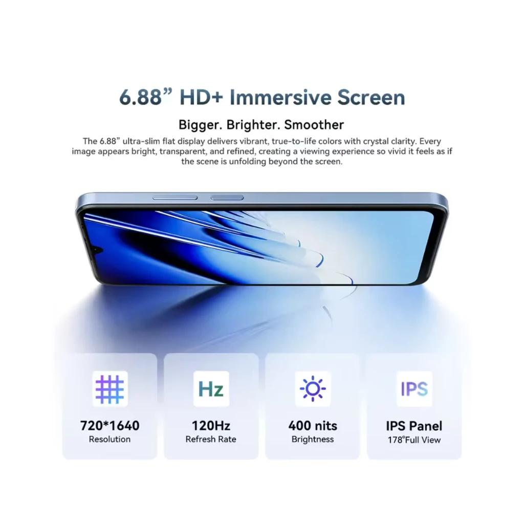 Écran HD+ 6,88 pouces Blackview WAVE 10, bords fins, 120 Hz fluide, 720 x 1640, luminosité 400 nits, dalle IPS 178°, couleurs vives et immersion