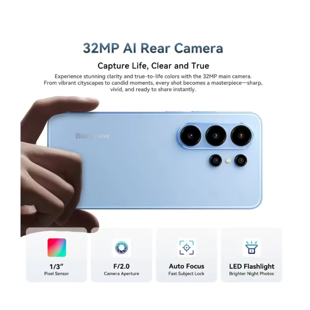 Smartphone Blackview WAVE 10 noir, triple caméra arrière 32 MP avec autofocus et flash LED, grand écran 6,88 pouces, design épuré et finition mate