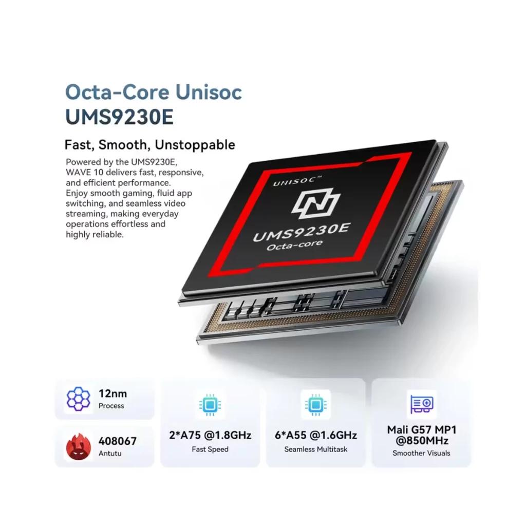 Chipset Unisoc UMS9230E octa core 12 nm, 2 A75 1,8 GHz et 6 A55 1,6 GHz, GPU Mali G57 MP1 850 MHz, multitâche fluide et graphismes optimisés