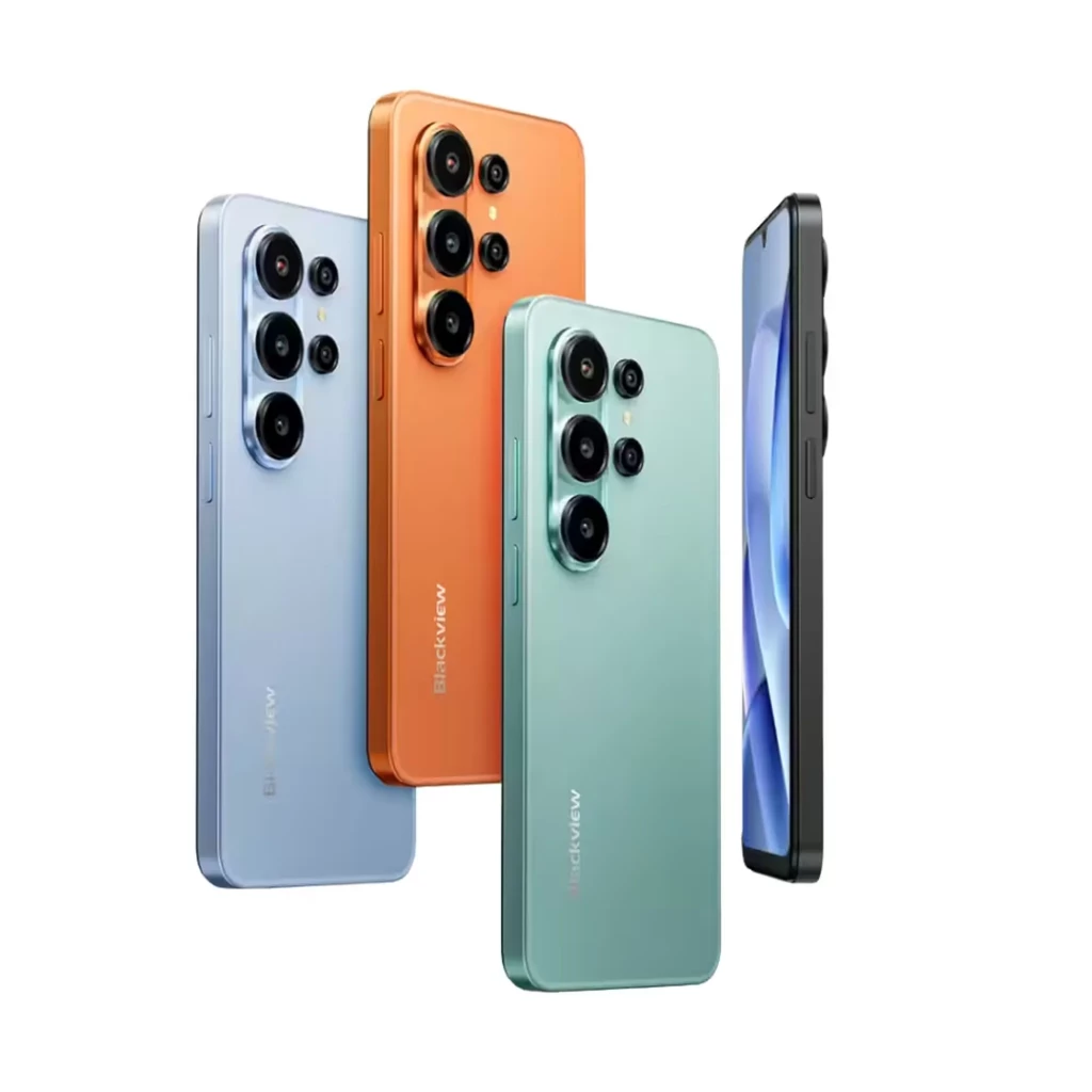 Blackview WAVE 10 128 Go Noir avec trois coloris visibles, grand écran 6,88 pouces, dos plat en métal, modules photo triples proéminents, tranche latérale