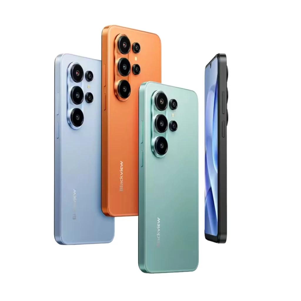 Blackview WAVE 10 128 Go Noir avec trois coloris visibles, grand écran 6,88 pouces, dos plat en métal, modules photo triples proéminents, tranche latérale