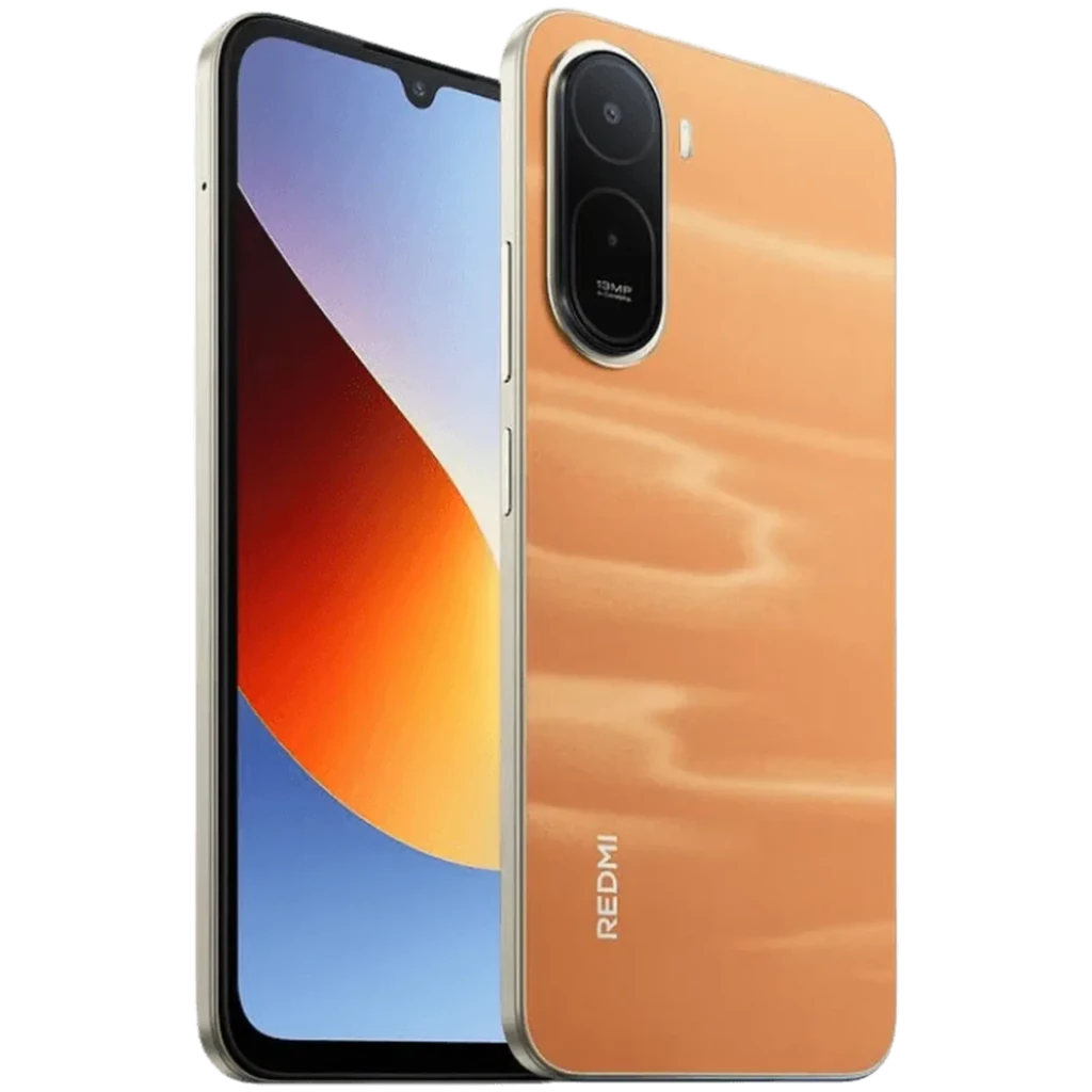 Xiaomi Redmi A7 Pro Orange Sunset con carcasa brillante, cámara dual trasera con módulo ovalado, pantalla IPS 6.9 con notch en V y bordes delgados