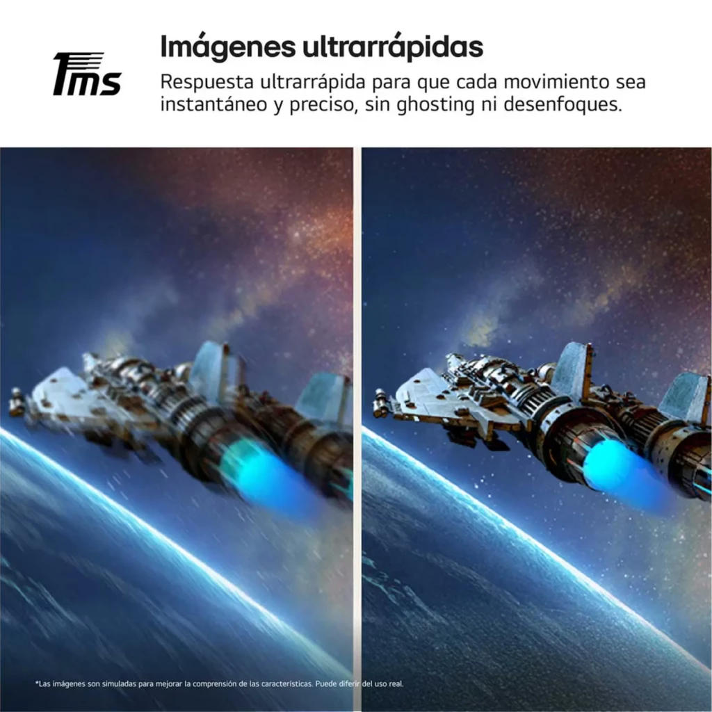 Comparativa de calidad: a la izquierda imagen borrosa con ghosting, a la derecha imagen nítida y fluida de nave espacial, destacando respuesta 1ms sin