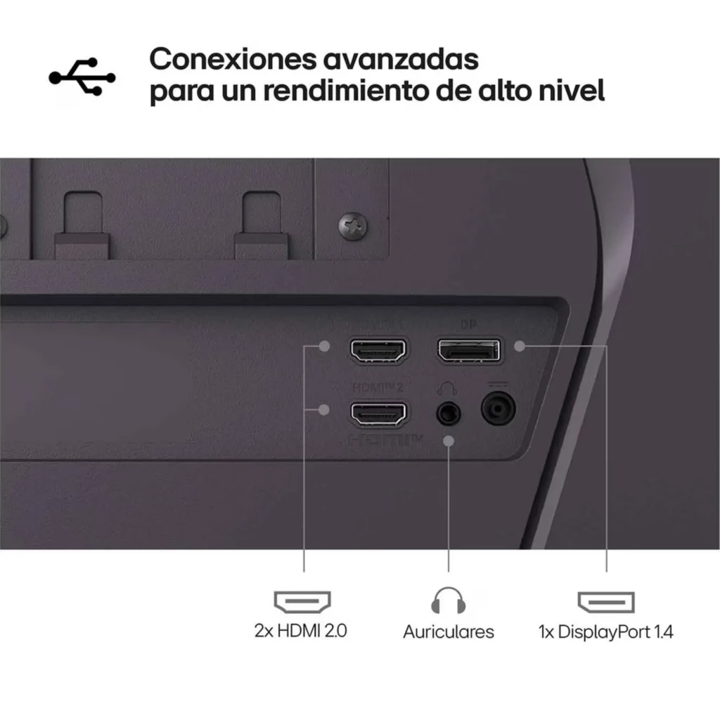 Panel trasero del monitor LG UltraGear 27 pulgadas con 2 puertos HDMI 2.0, 1 DisplayPort 1.4 y conector de auriculares; diseño en color oscuro