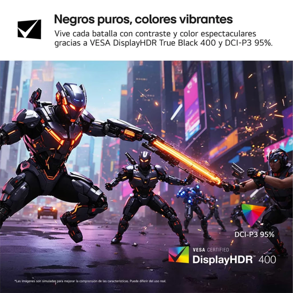 Monitor gaming LG UltraGear 27 pulgadas con panel IPS; pantalla QHD vibrante, negros profundos, colores DCI-P3 95%, VESA DisplayHDR 400 y 1 ms GtG