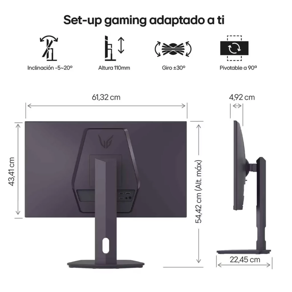 Monitor LG UltraGear 27 pulgadas QHD con bisel fino, soporte robusto y ajuste completo: inclinación, altura, giro y pivote 90°, grosor 4,92 cm, base 22,45 cm
