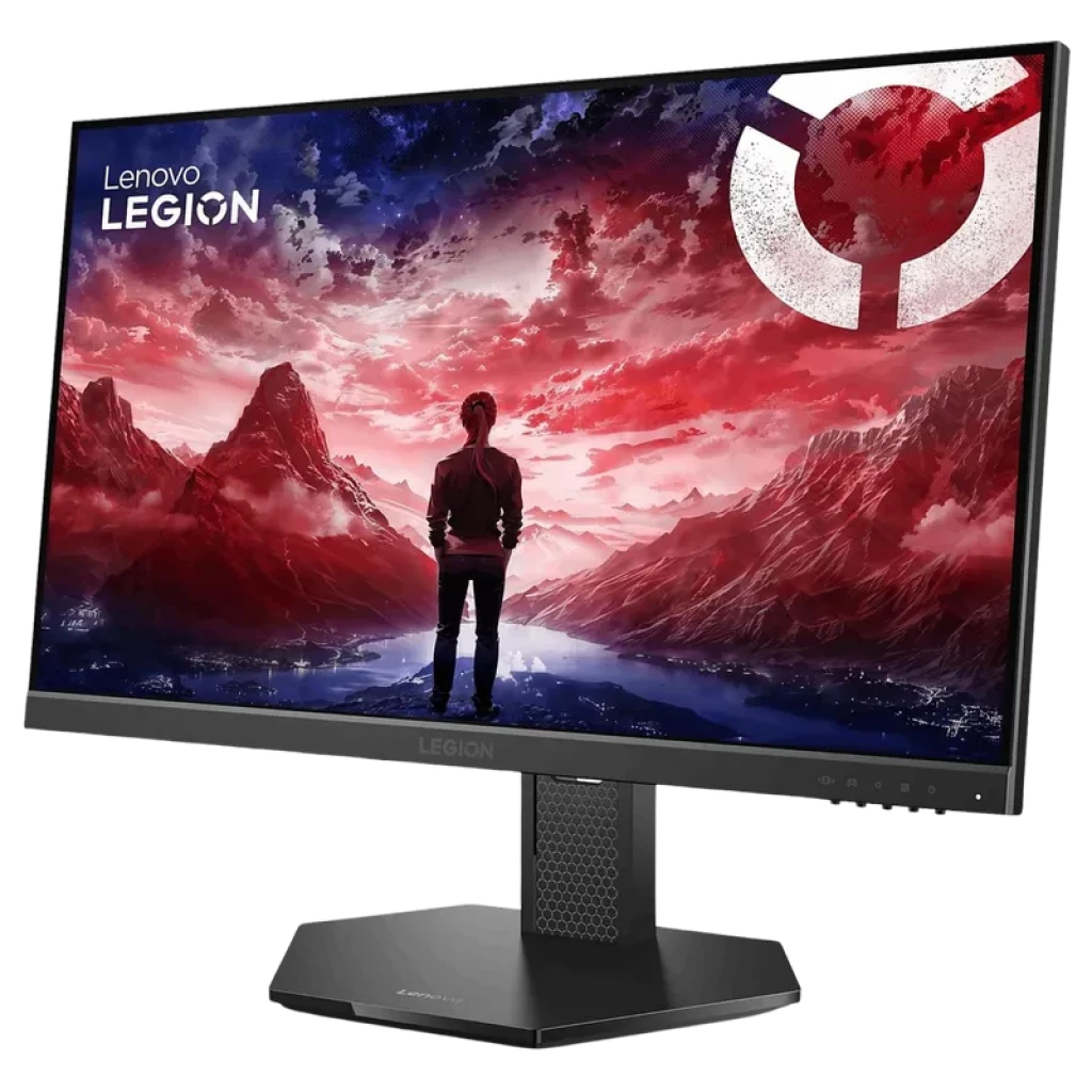 Lenovo Legion 24-10 monitor gamer 23,8" IPS, moldura fina, base angulada robusta, tela vibrante com paisagem vermelha, logotipo Legion no canto superior