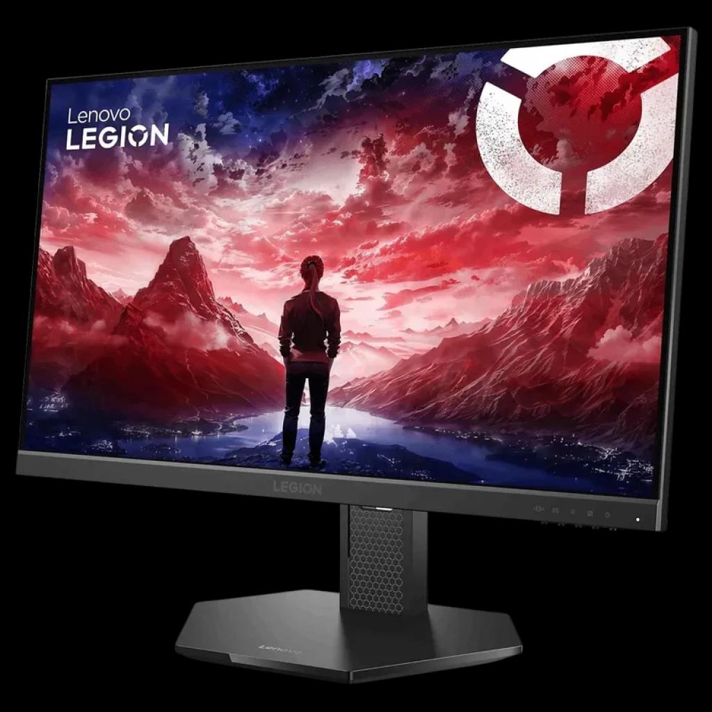Lenovo Legion 24-10 monitor gamer 23,8" IPS, moldura fina, base angulada robusta, tela vibrante com paisagem vermelha, logotipo Legion no canto superior