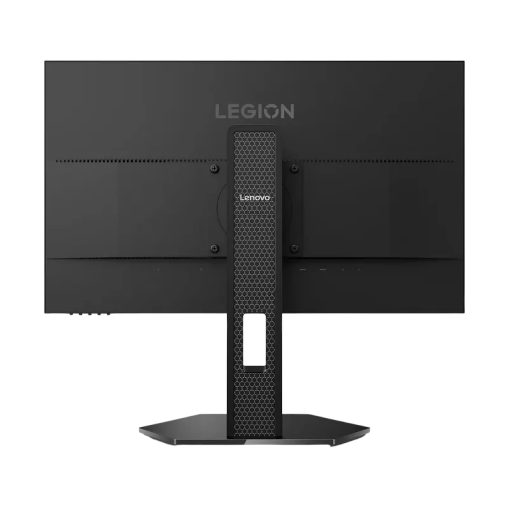 Lenovo Legion 24-10 monitor gamer 23,8 IPS visto por trás, suporte ajustável com padrão hexagonal, base robusta, acabamento preto fosco, entradas laterais