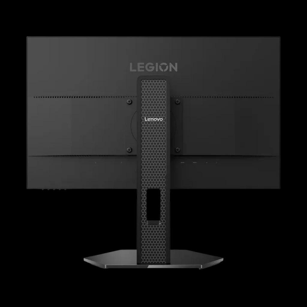 Lenovo Legion 24-10 monitor gamer 23,8 IPS visto por trás, suporte ajustável com padrão hexagonal, base robusta, acabamento preto fosco, entradas laterais