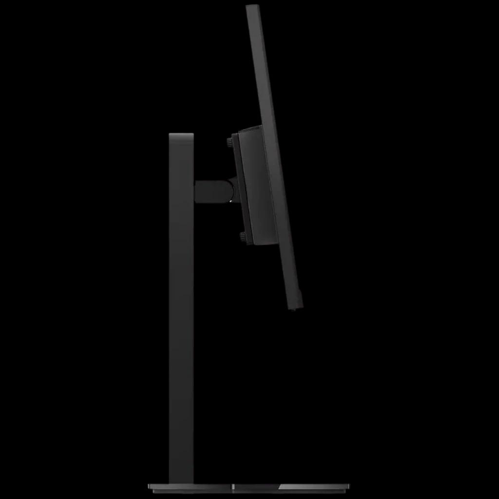 Lenovo Legion 24-10 monitor gamer 23,8" IPS visto de lado, design fino em preto, base redonda robusta e suporte ajustável para ergonomia e estabilidade
