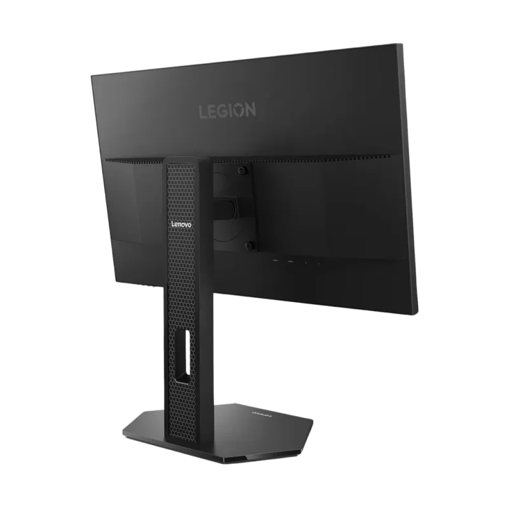 Lenovo Legion 24-10 monitor gamer 23,8 polegadas IPS com base ajustável, traseira preta fosca, suporte robusto com grelha ventilada e gestão de cabos