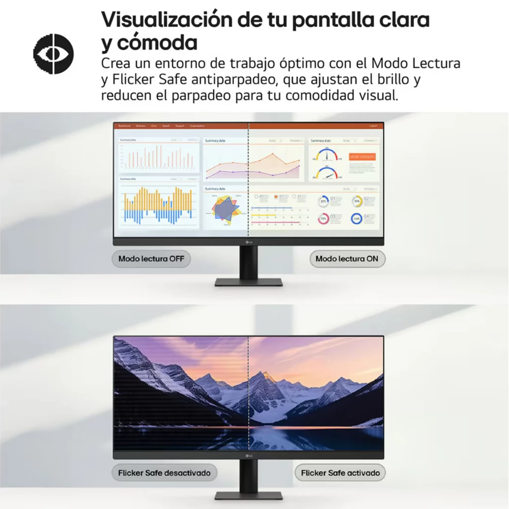 Monitor PC LG UltraWide 34'' IPS UWFHD 100 Hz con pantalla ancha, modo lectura, Flicker Safe y división de pantalla; bordes finos y base ajustable