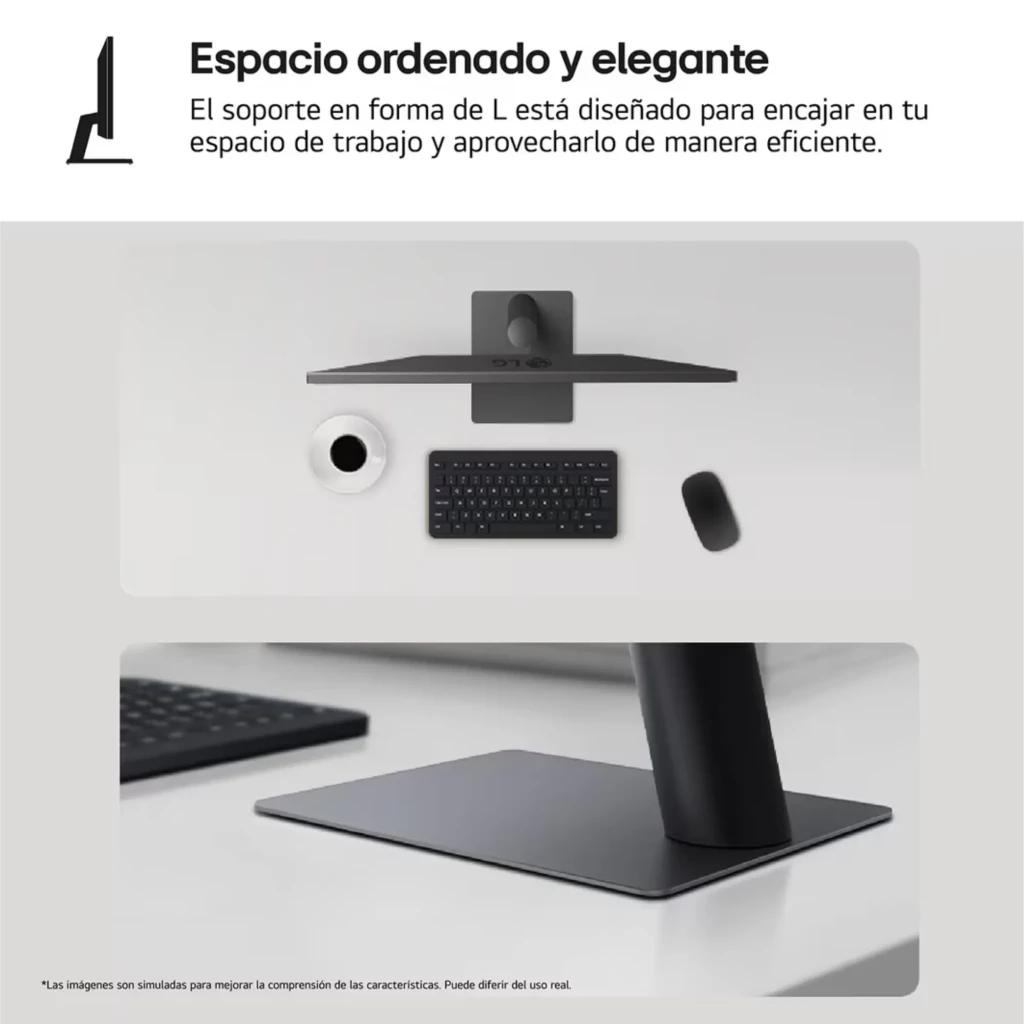 Base y soporte en L del Monitor PC LG UltraWide 34'' IPS UWFHD 100 Hz, diseño minimalista en negro, gestión de cables limpia y escritorio ordenado.