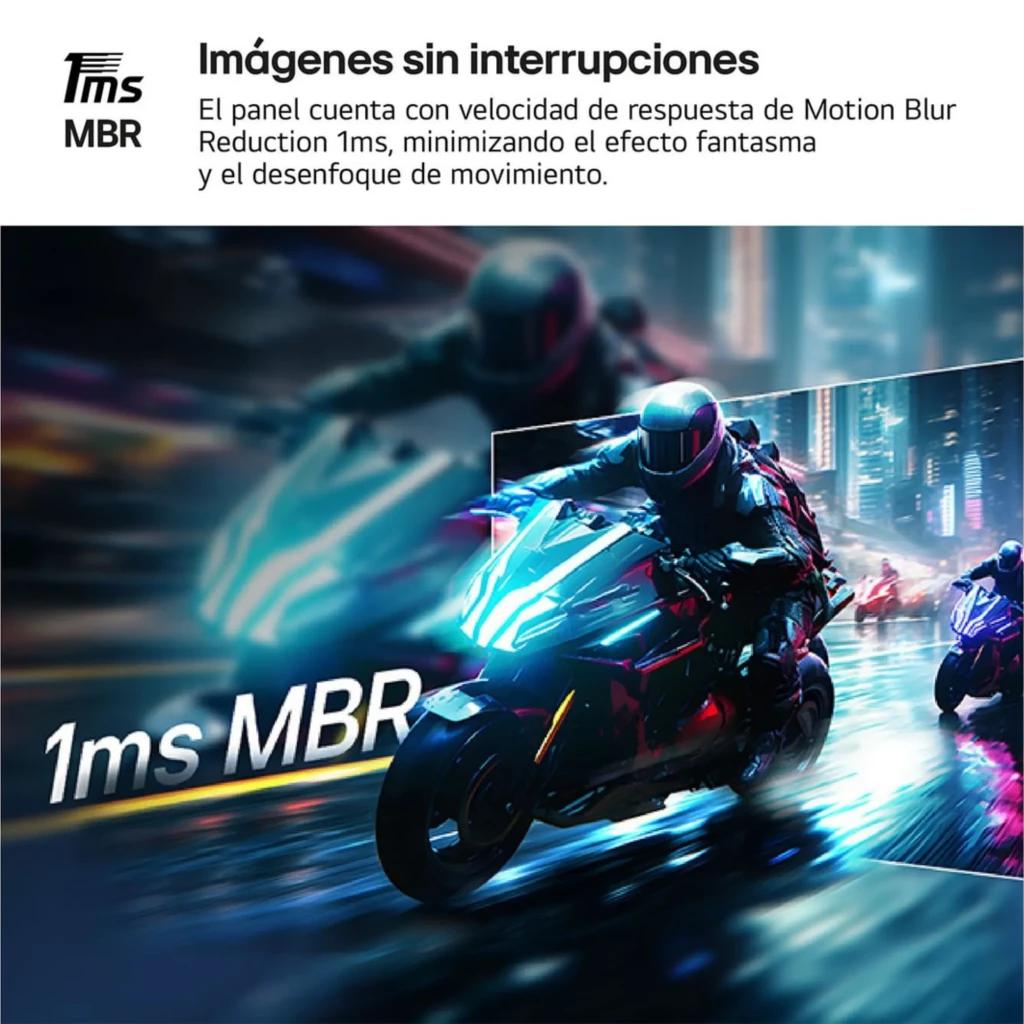 LG UltraWide 29 pulgadas IPS UWFHD 100 Hz con 1 ms MBR; escena dinámica de motos resaltando fluidez, reducción de desenfoque y colores vivos en pantalla