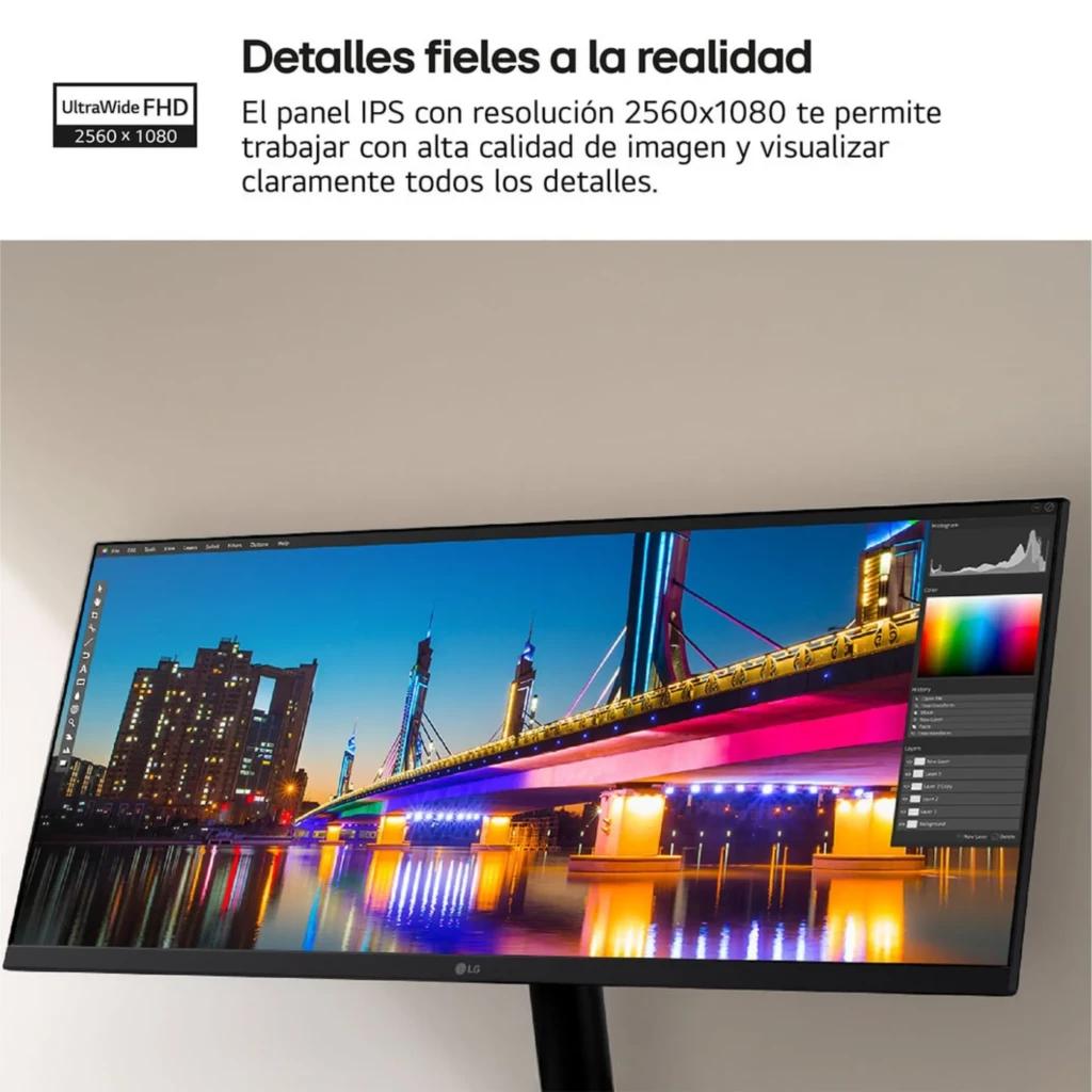 Monitor LG UltraWide 29 pulgadas IPS UWFHD 2560x1080, 100 Hz. Pantalla panorámica con biseles delgados, colores vivos y gran nitidez para trabajo y edición.
