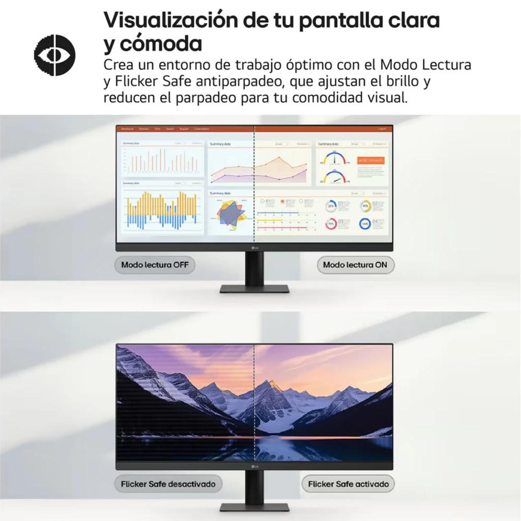 LG UltraWide 29 pulgadas IPS UWFHD 100 Hz con biseles delgados, modo lectura y Flicker Safe activados, pantalla dividida mostrando gráficos y paisajes