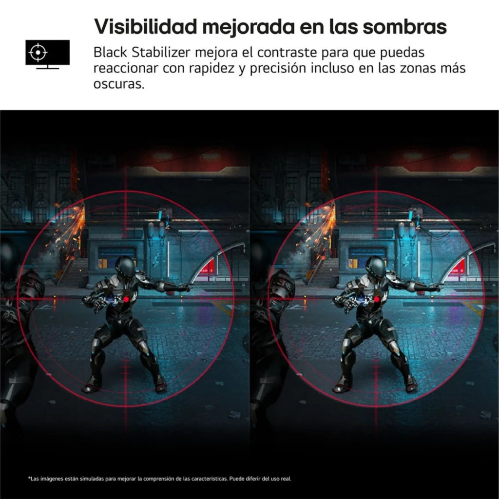 Monitor LG UltraWide 29 pulgadas IPS UWFHD 100 Hz con modo Black Stabilizer, comparativa antes y después que resalta mayor detalle en zonas oscuras para gaming