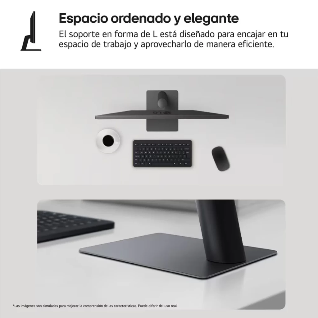 Base y soporte en L del monitor LG UltraWide 29 IPS UWFHD 100 Hz, diseño minimalista en negro, acabado mate, brazo cilíndrico robusto y superficie