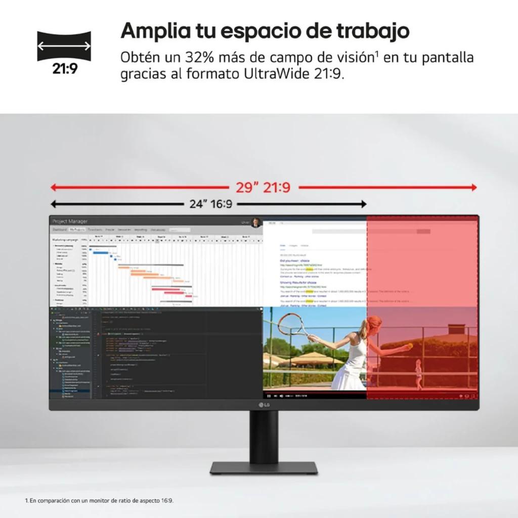 Monitor LG UltraWide 29 pulgadas IPS UWFHD 100 Hz con formato 21:9, biseles delgados, soporte ajustable y pantalla amplia para multitarea y contenido amplio