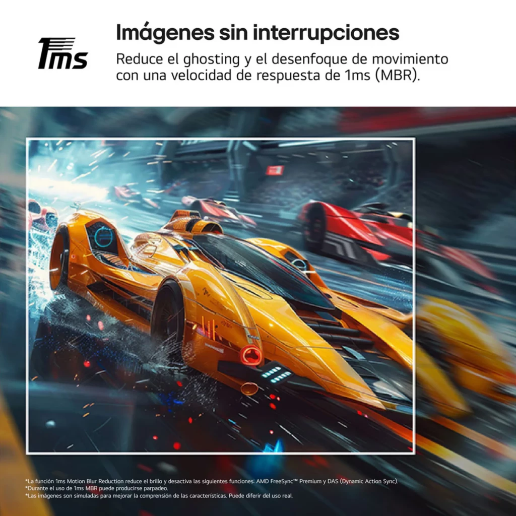 Tela mostrando corrida futurista com carros velozes, cores vibrantes e trilhas de movimento, destacando fluidez e nitidez do LG UltraGear 27 IPS 1 ms 144 Hz FHD