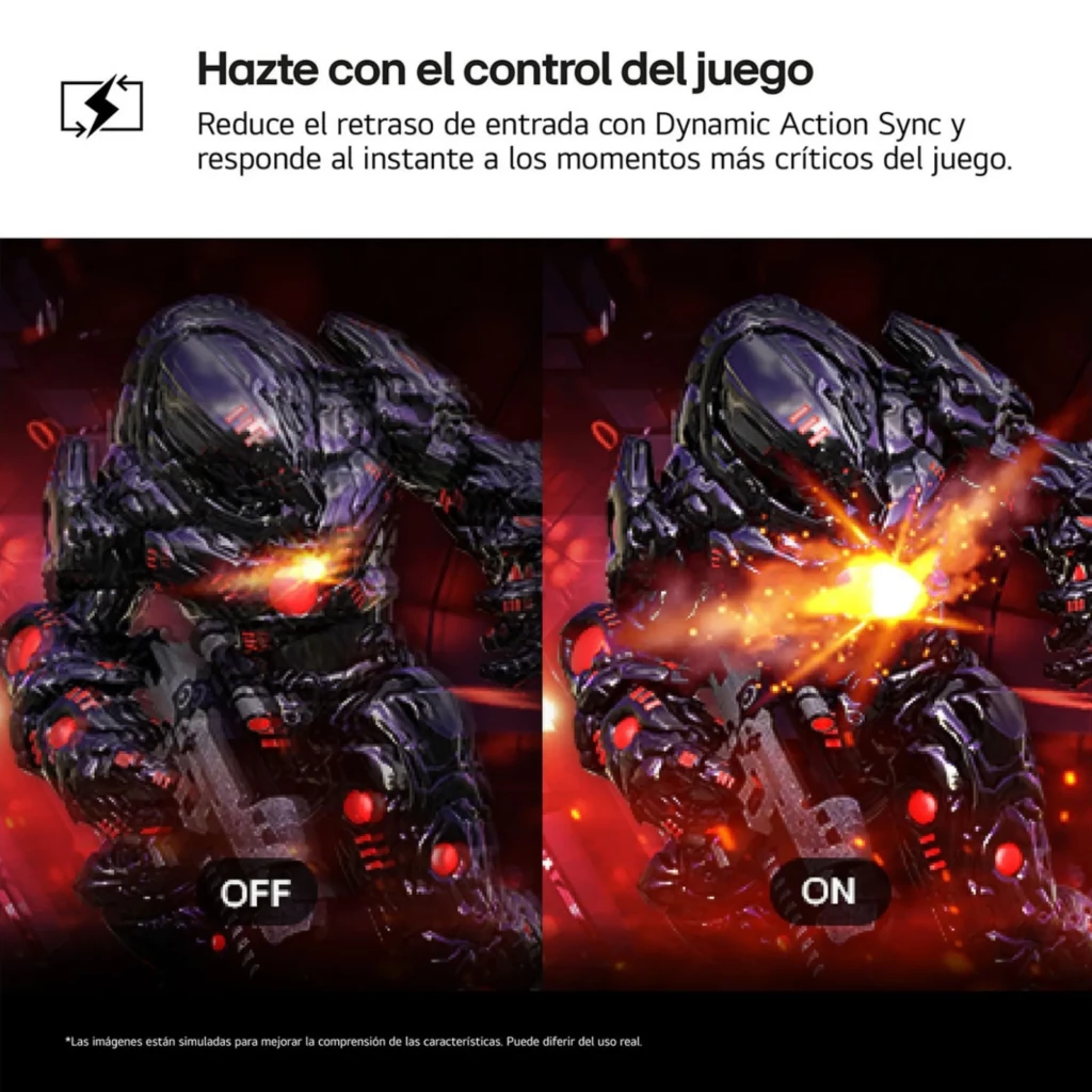 Tela comparativa OFF vs ON destaca Dynamic Action Sync no Monitor de jogos LG UltraGear 27 IPS 1 ms GtG, com nitidez e resposta instantânea a 144 Hz