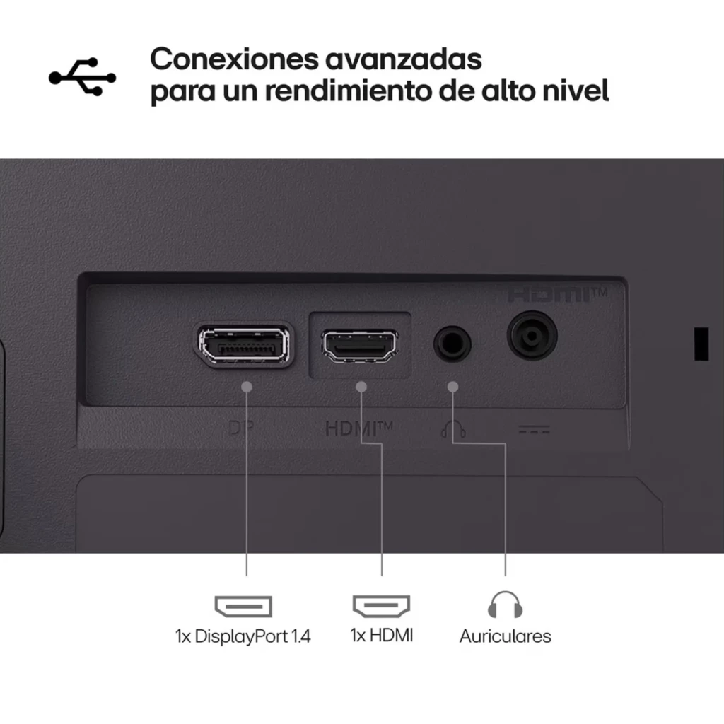 Parte traseira do monitor LG UltraGear 27: portas DisplayPort 1.4 e HDMI, entrada de áudio e saída para auriculares, design limpo e organizado