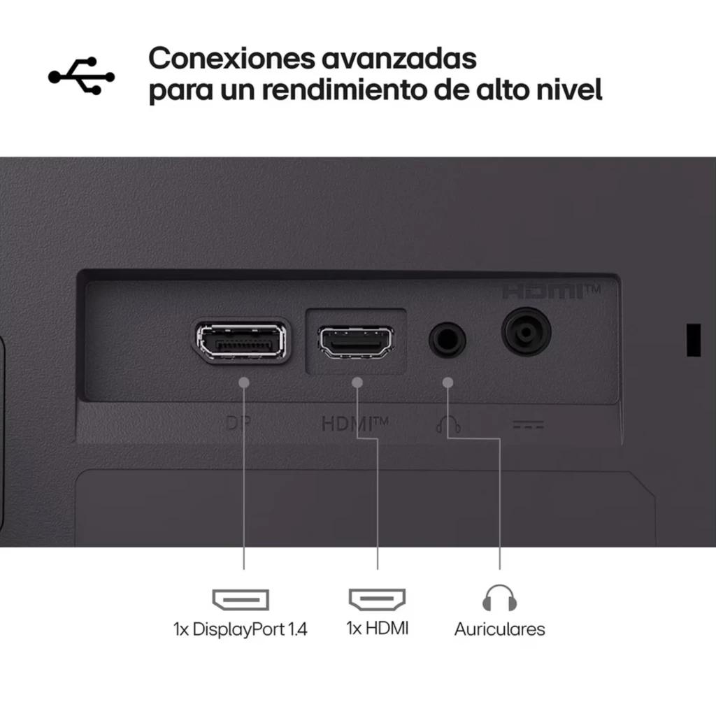 Parte traseira do monitor LG UltraGear 27: portas DisplayPort 1.4 e HDMI, entrada de áudio e saída para auriculares, design limpo e organizado