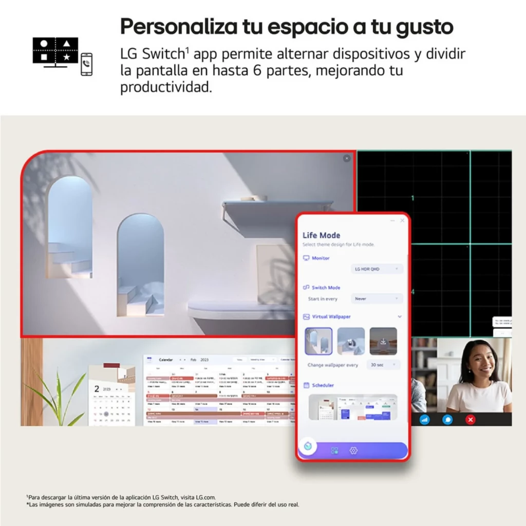 Tela do LG UltraGear 27 com app LG Switch dividindo a tela em 6 partes, janelas de trabalho, vide chamada e calendário, interface clara e moderna