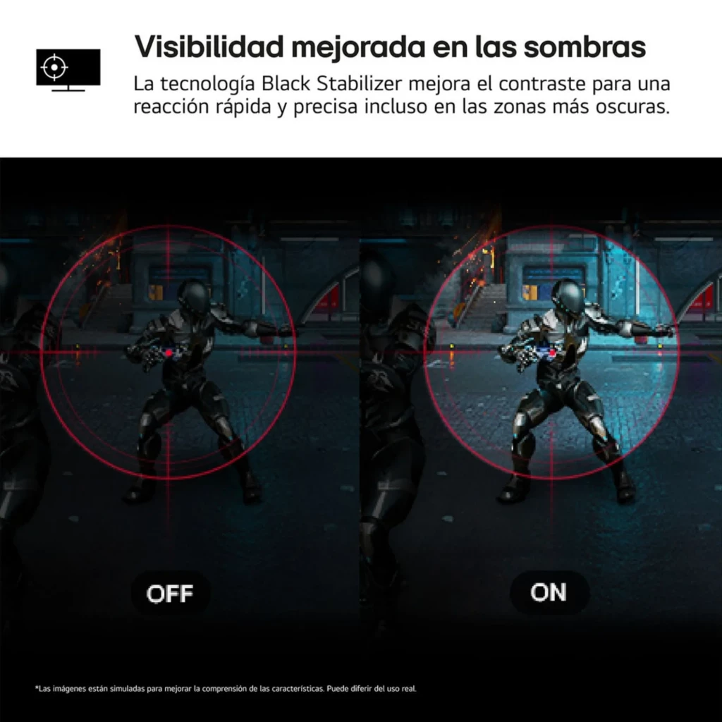 Tela dividida mostrando efeito Black Stabilizer: à esquerda OFF com sombras escuras, à direita ON com maior contraste e inimigo destacado em mira vermelha