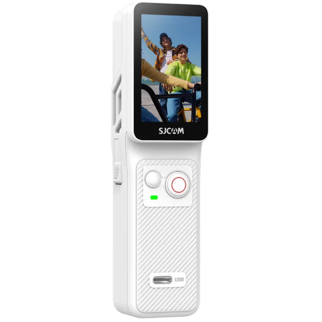 Cámara de acción portátil SJCAM C400 Blanco con pantalla a color, botones frontales, luz indicadora y puerto USB en cuerpo compacto de textura estriada