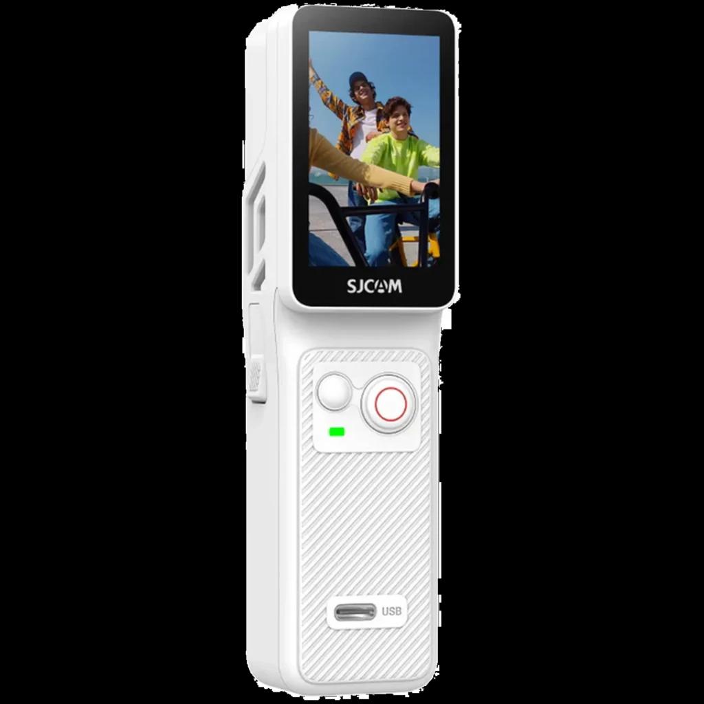 Caméra daction portable SJCAM C400 Blanc avec grand écran couleur, bouton rouge d’enregistrement, LED état, boîtier texturé et port USB en façade