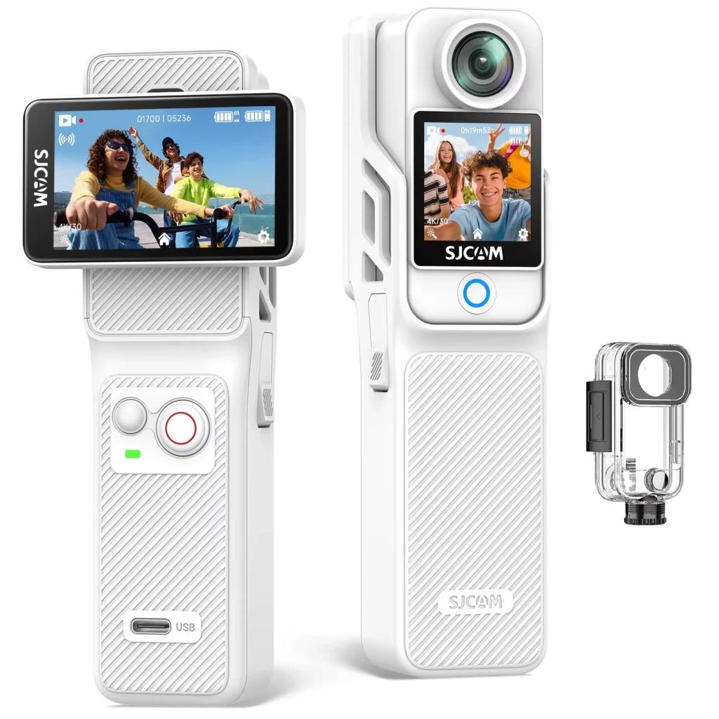 Caméra d’action portable SJCAM C400 Blanc avec double écran couleur, objectif grand angle, poignée texturée, bouton d’enregistrement rouge et coque