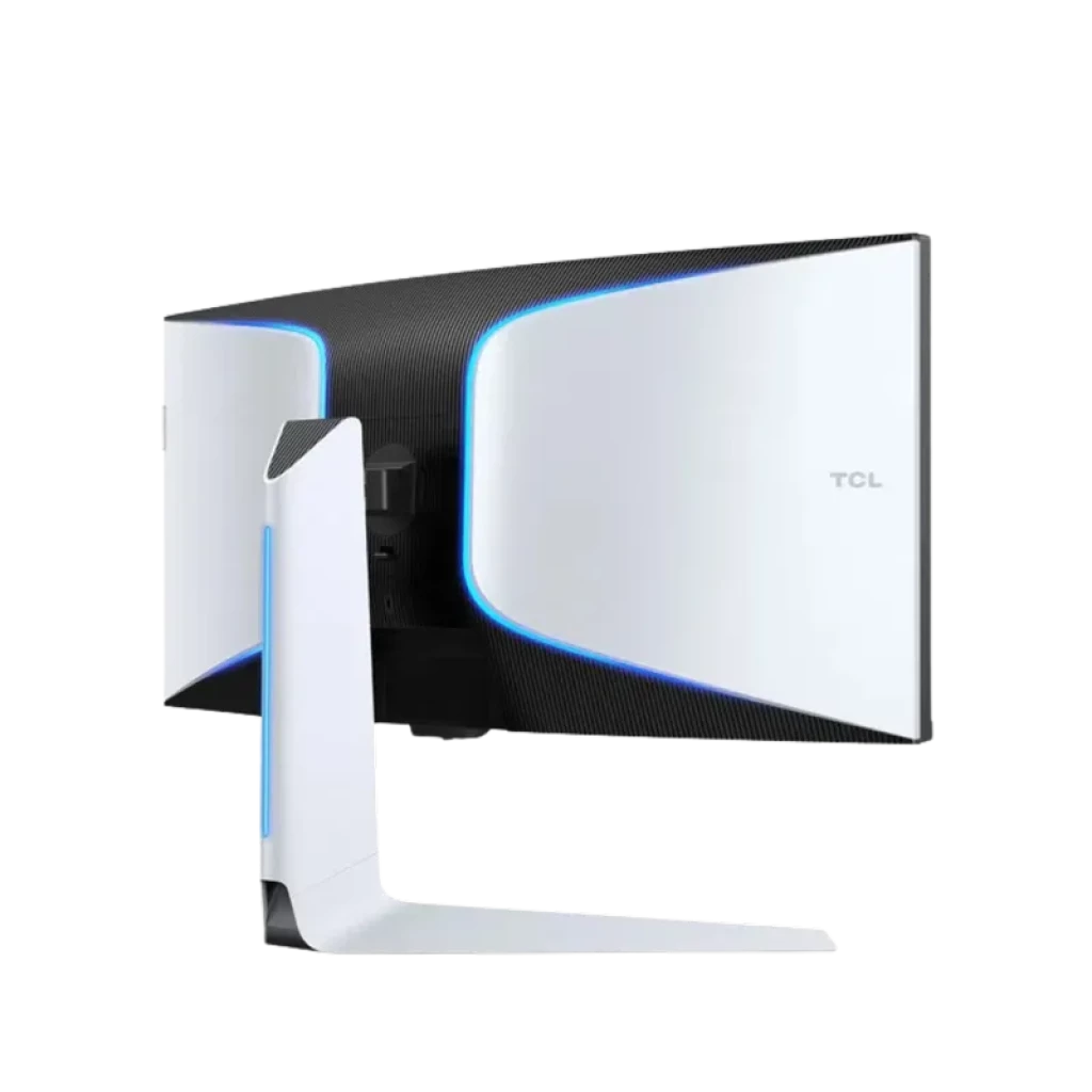 TCL R83 34R83Q 34 pouces incurvé Ultra WQHD 170 Hz Mini‑LED avec dos blanc futuriste, accents LED bleus et pied métallique élégant