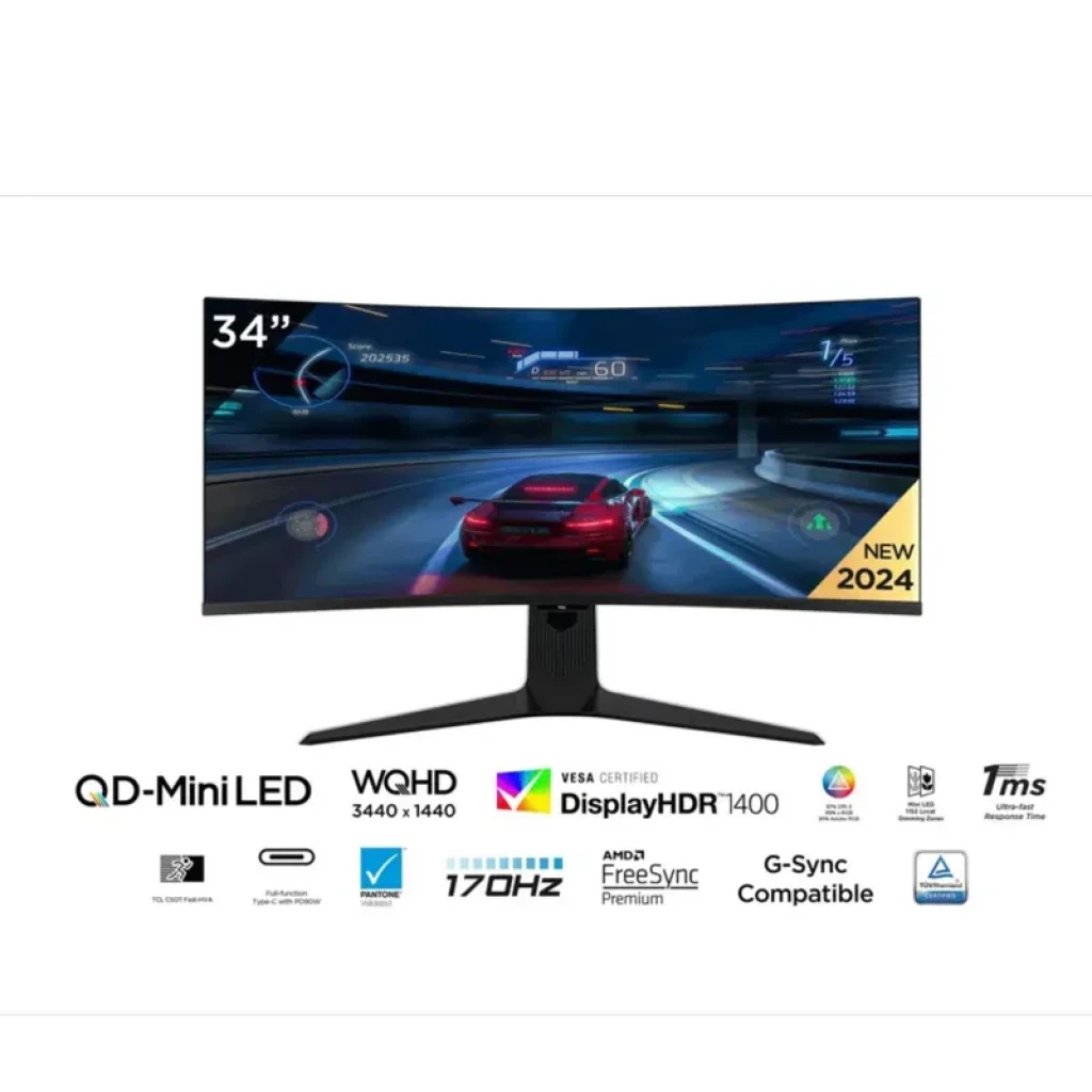 TCL R83 34R83Q 34 pouces incurvé Ultra WQHD 3440x1440, Mini LED, 170 Hz, HDR1400, AMD FreeSync Premium et compatible G Sync, cadre fin, pied noir