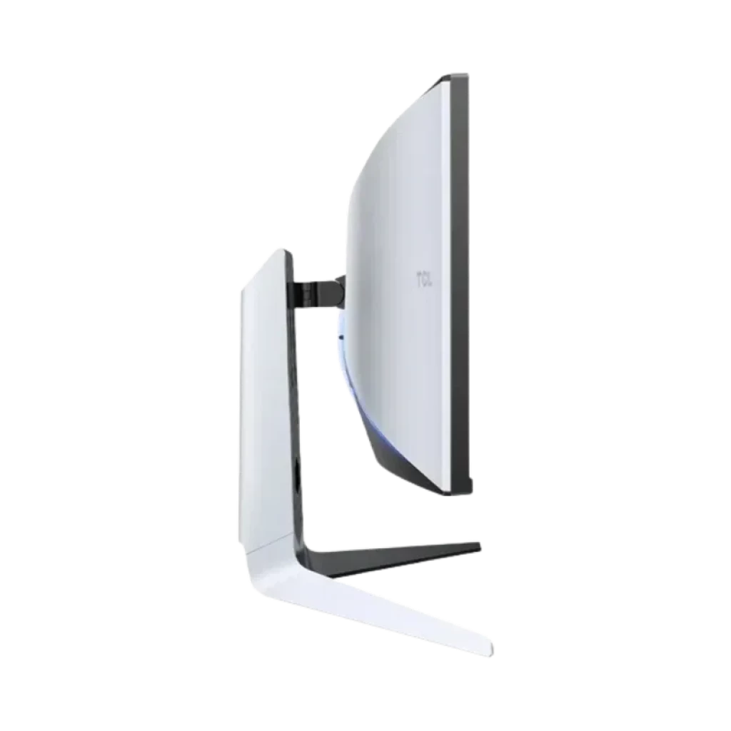 TCL R83 34R83Q 34 pouces Ultra WQHD incurvé, Mini LED, 170 Hz. Profil latéral fin, cadre mince, pied métallique élégant avec rétroéclairage discret.
