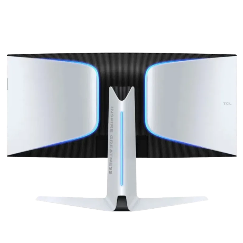 Dos du TCL R83 courbé 34 pouces avec halo LED bleu, coque blanche et noire, stand en V robuste, design futuriste pour bureau gaming et productivité