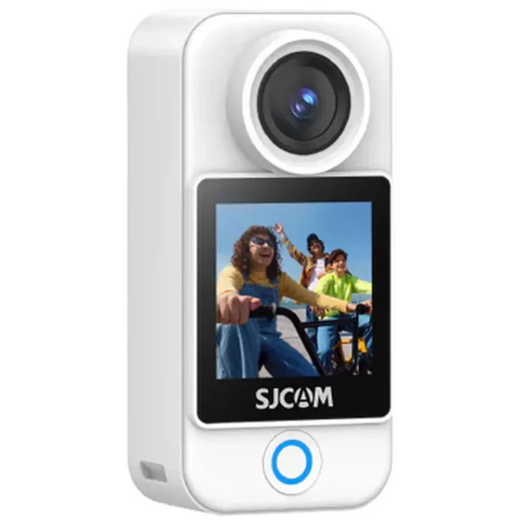SJCAM C400 Pocket 4K blanca con lente gran angular, módulo compacto y pantalla táctil giratoria frontal para previsualizar y grabar en formato vertical u
