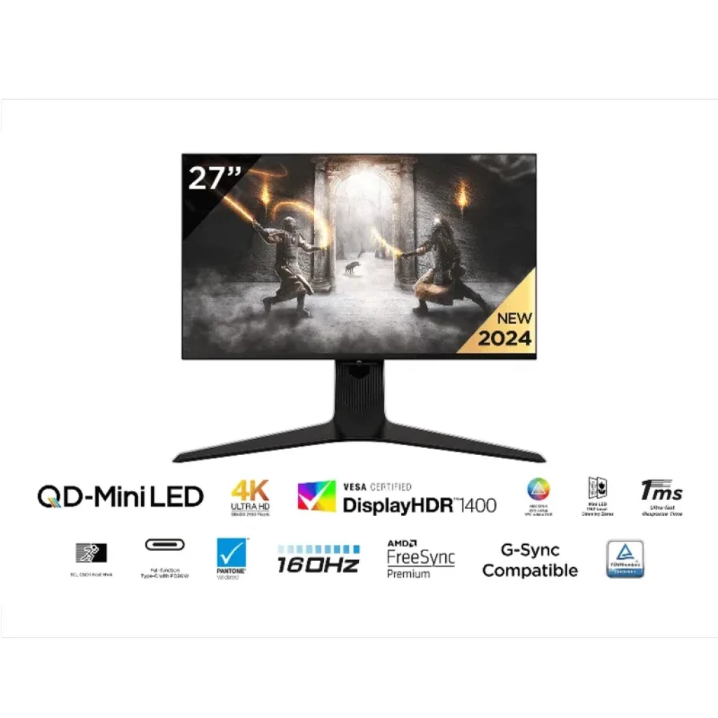 TCL R83 27R83U monitor 27 pulgadas, panel Mini-LED Fast HVA con 1152 zonas, 4K HDR1400, 160 Hz, diseño negro/blanco, compatible G-Sync y FreeSync