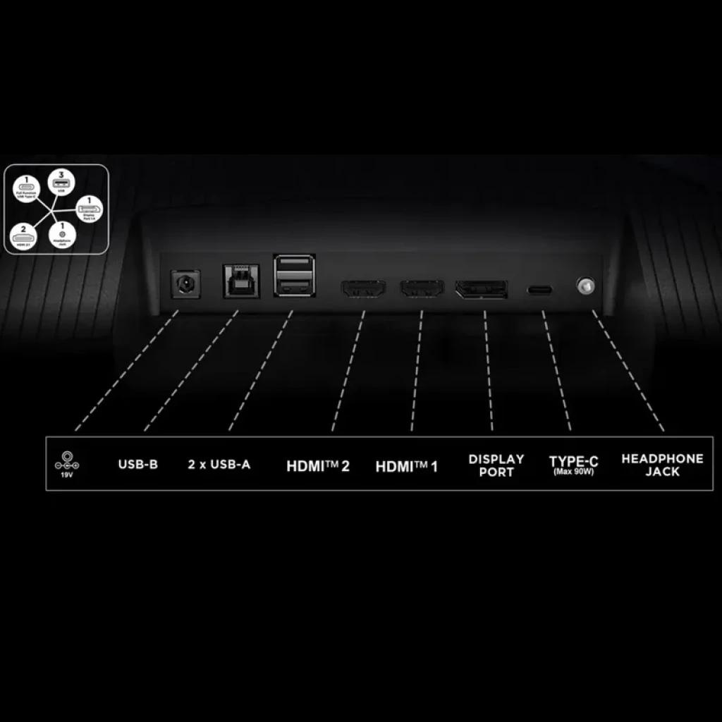 Panel trasero del TCL R83 27R83U en negro con puertos: USB-B, 2 USB-A, 2 HDMI, DisplayPort, USB-C 90 W y jack de auriculares, diseño limpio y moderno