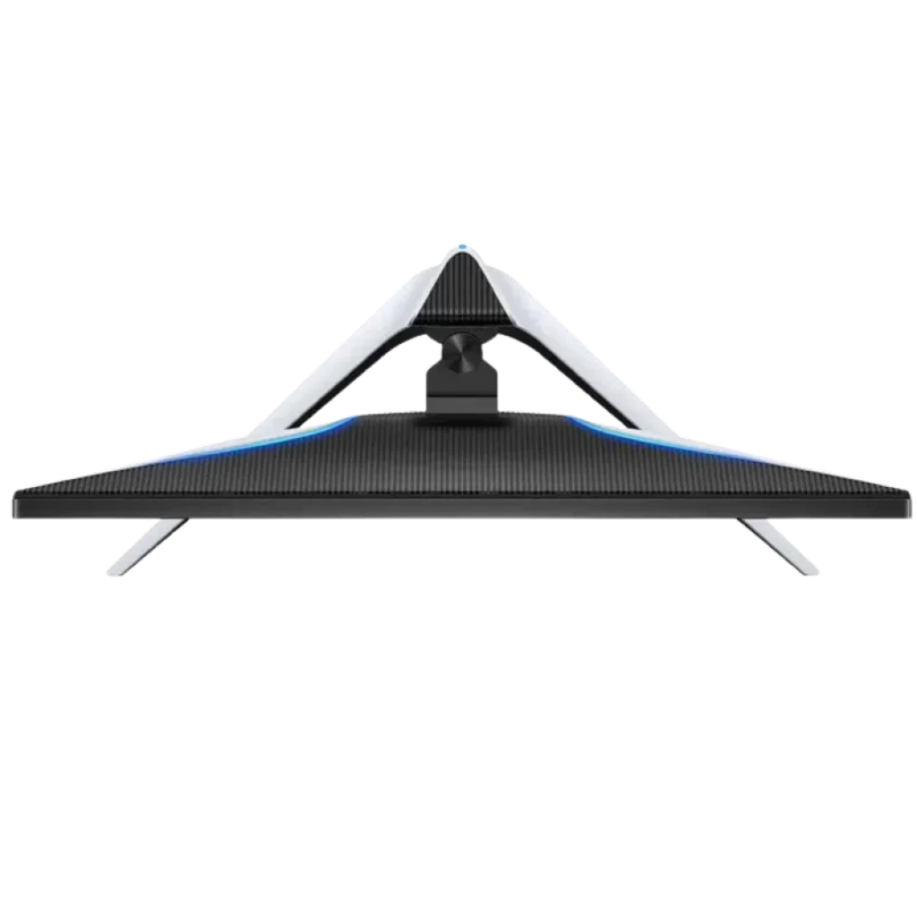 TCL R83 27R83U monitor PC negro y blanco con panel trasero texturizado, soporte en V metálico y ventilación central; diseño moderno con iluminación sutil