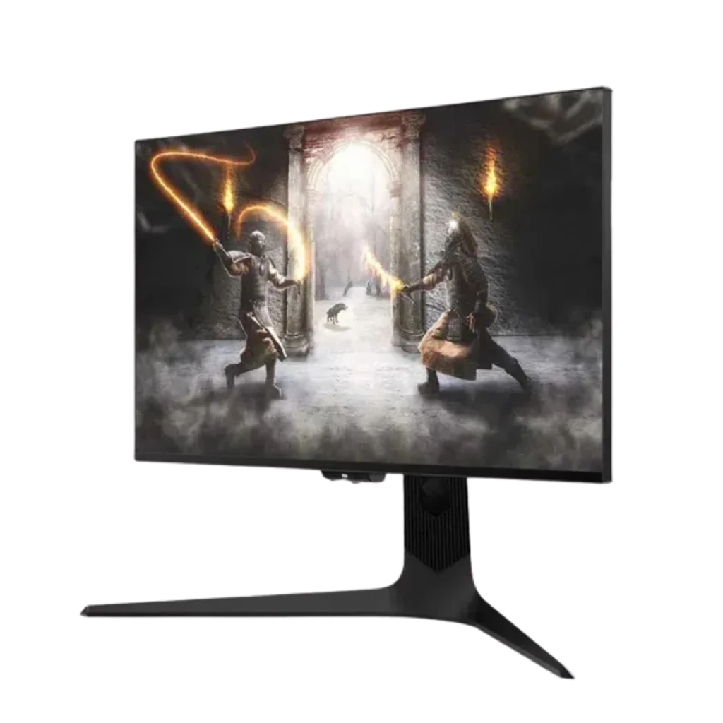 Monitor TCL R83 27R83U negro con bisel fino, panel Fast HVA Mini‑LED, iluminación 1152 zonas, HDR1400, peana robusta y pantalla mostrando escena gaming