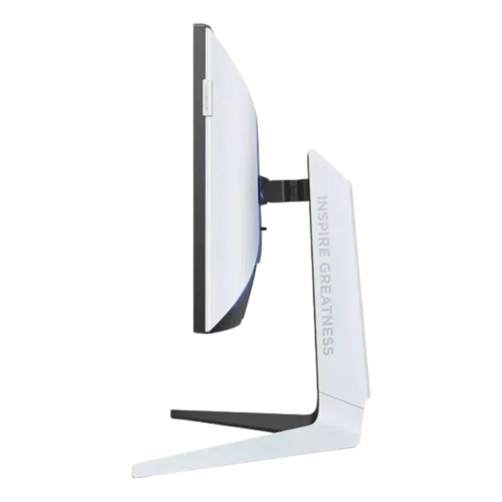 Monitor TCL R83 27R83U con chasis blanco y negro, perfil delgado, soporte angular estable y texto Inspire Greatness en el lateral, diseño moderno y minimalista