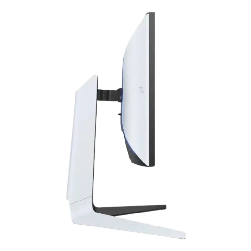 Perfil lateral del monitor TCL R83 27R83U en negro y blanco, diseño ultrafino con soporte metálico en V y panel Mini LED HVA con retroiluminación segmentada