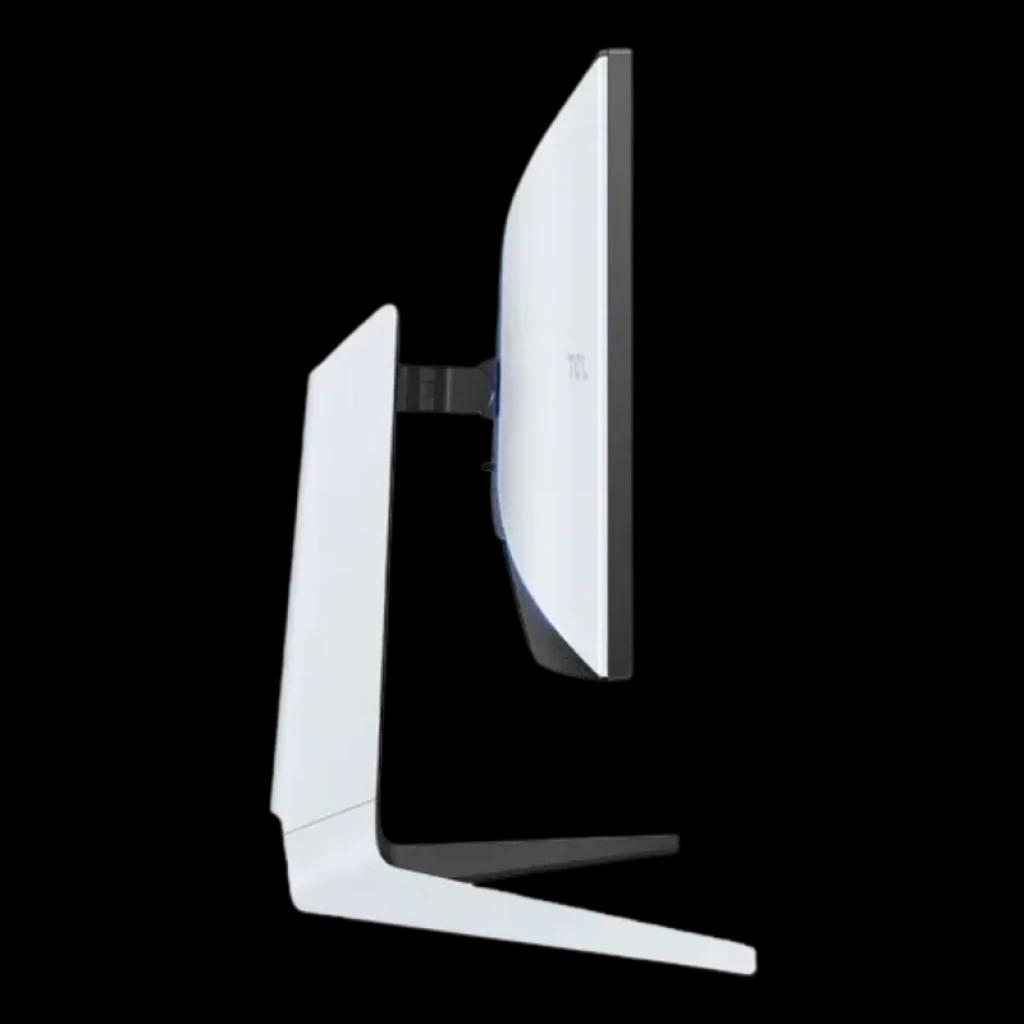 Perfil lateral del monitor TCL R83 27R83U en negro y blanco, diseño ultrafino con soporte metálico en V y panel Mini LED HVA con retroiluminación segmentada