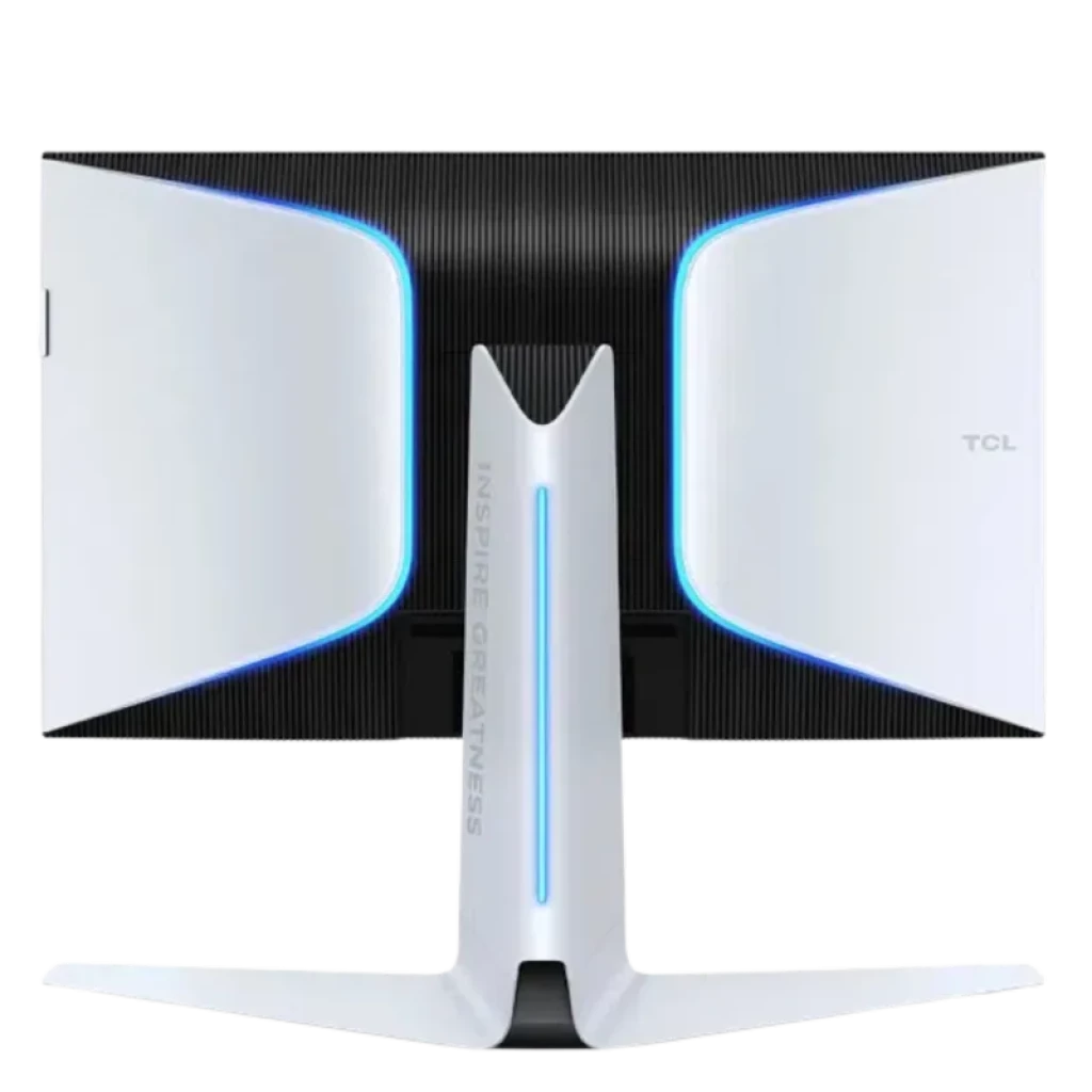 TCL R83 27R83U monitor PC negro/blanco con panel trasero blanco, iluminación LED azul, soporte central robusto y diseño moderno curvo con líneas limpias