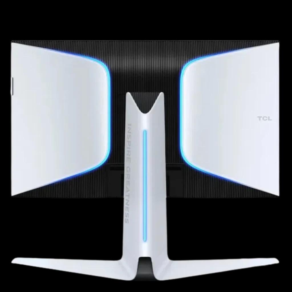 TCL R83 27R83U monitor PC negro/blanco con panel trasero blanco, iluminación LED azul, soporte central robusto y diseño moderno curvo con líneas limpias
