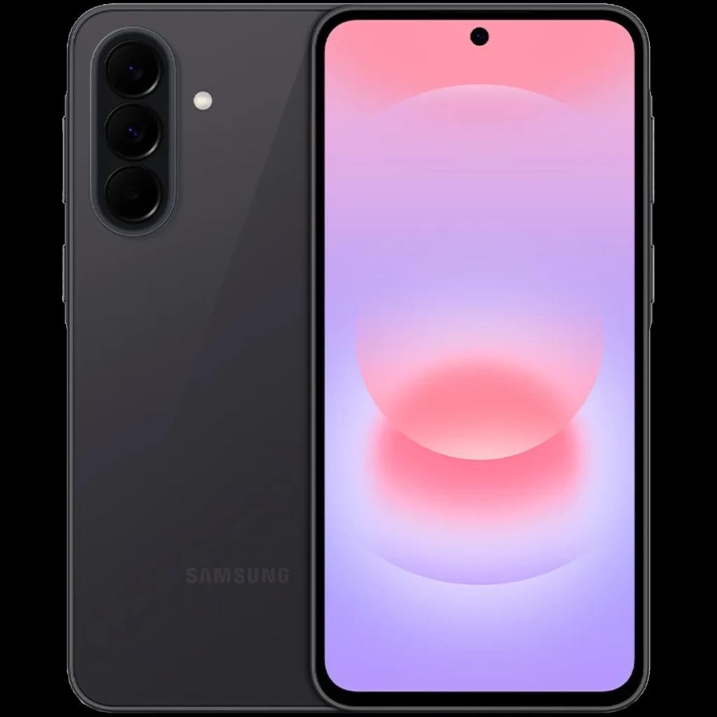 Samsung Galaxy A37 5G negro con triple cámara trasera vertical, pantalla de 6.6 pulgadas con biseles finos y orificio centrado, acabado mate elegante